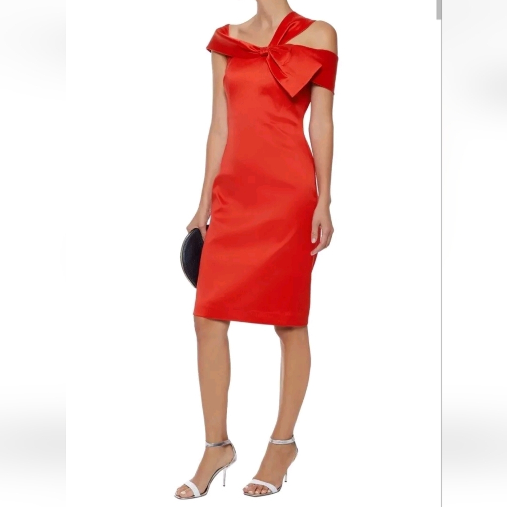 Badgley Mischka One Shoulder Bow Women’s Size 10 Elegant Red Off-Shoulder Dress